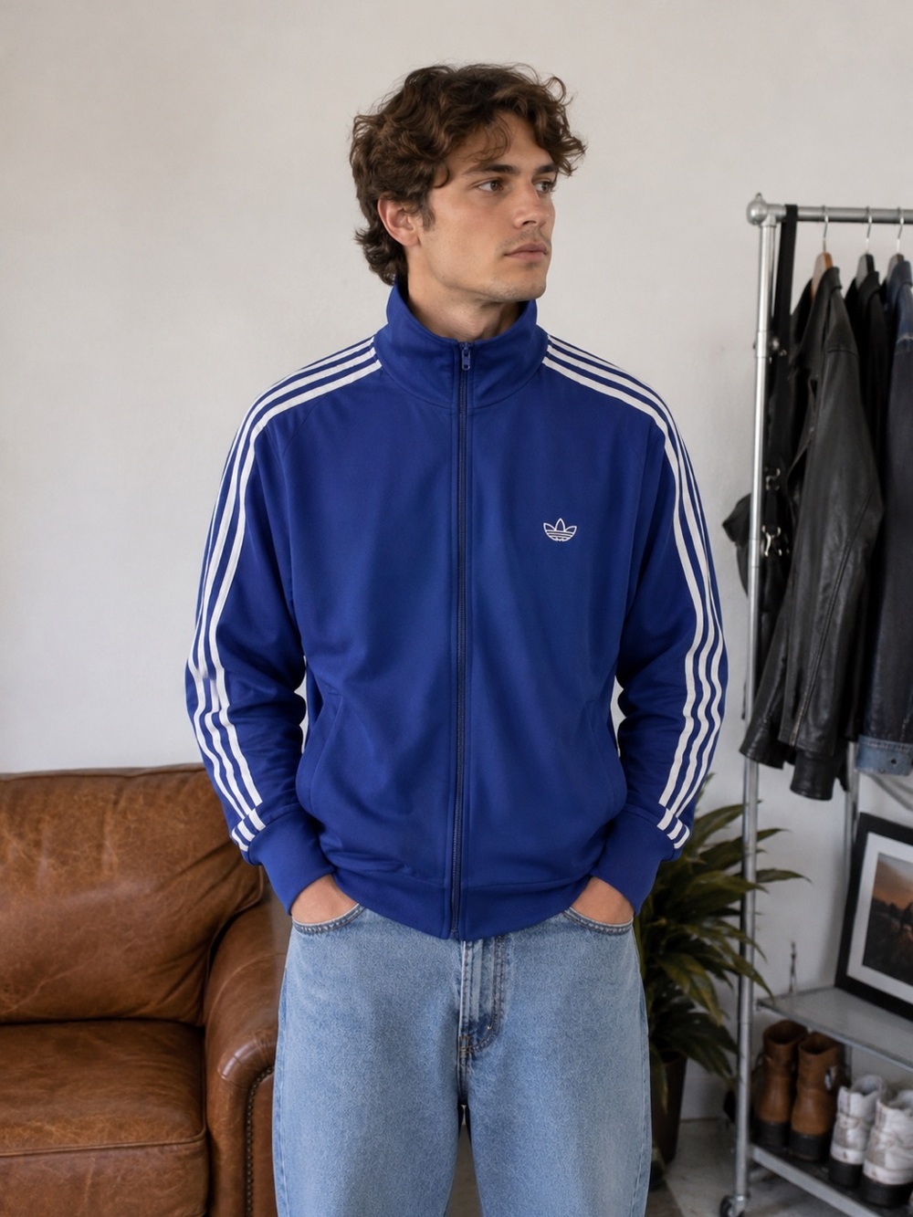 VTG 80s Adidas Trefoil Track Jacket Blue White 3 Stripe Full Zip Retro Medium